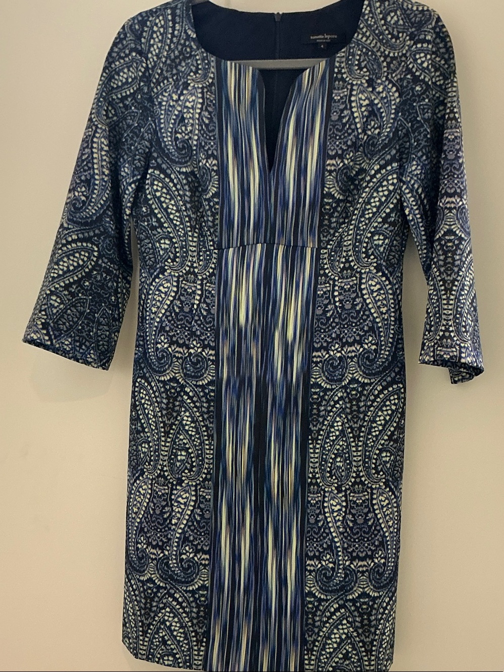 Nanette Lepore Navy & White Paisley Shift Dress with Center Stripe